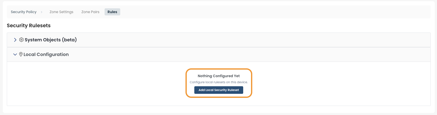 Security ruleset configuration page showing no rulesets currently configured.